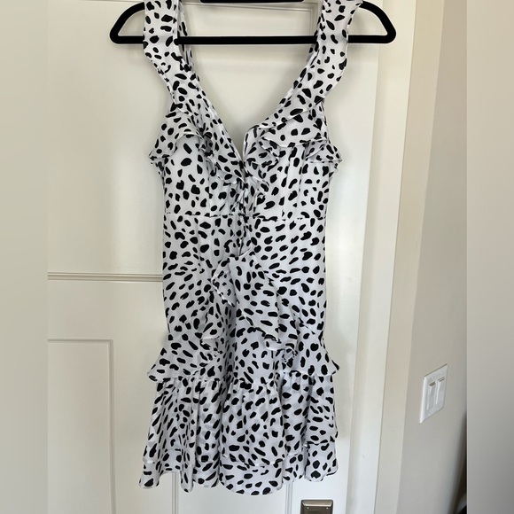 White and Black Polka Dot Ruffle Mini Dress - Picture 3 of 3